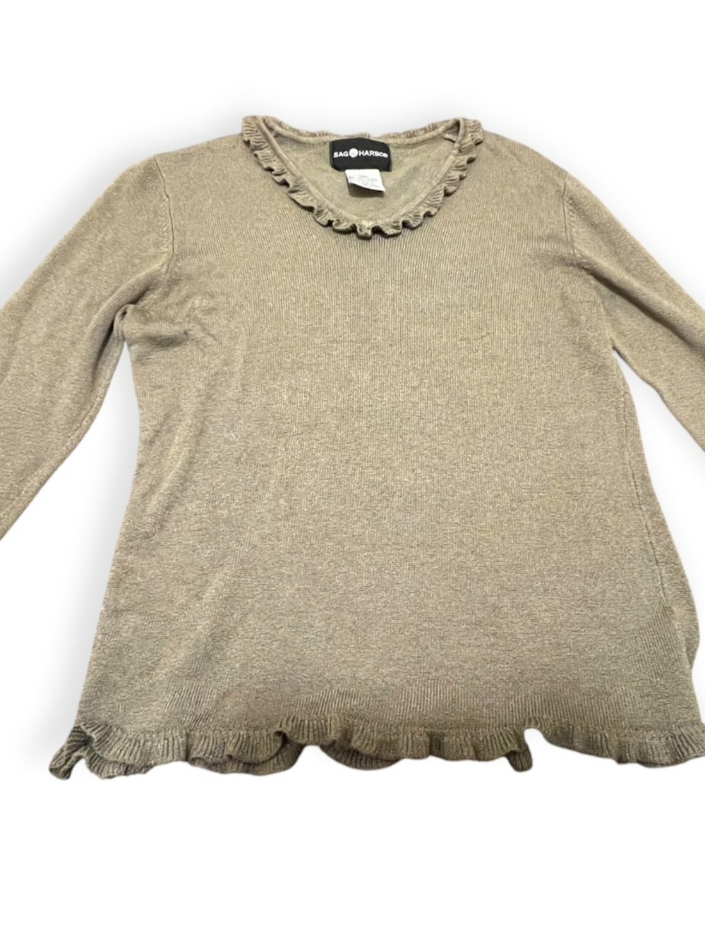 Sag Harbor Ruffled Knit Sweater Khaki Green